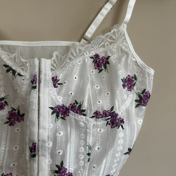 White Lace Corset Top with Purple Flowers - Picture 2 of 5